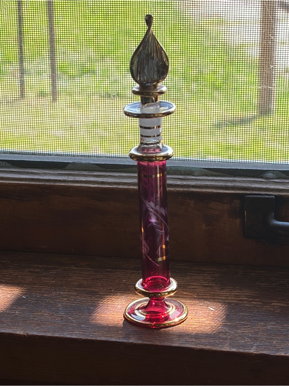 Vintage Ruby Red Glass Perfume Bottle Gold Trim Enamel Floral Stopper 6.25” - Picture 10 of 10